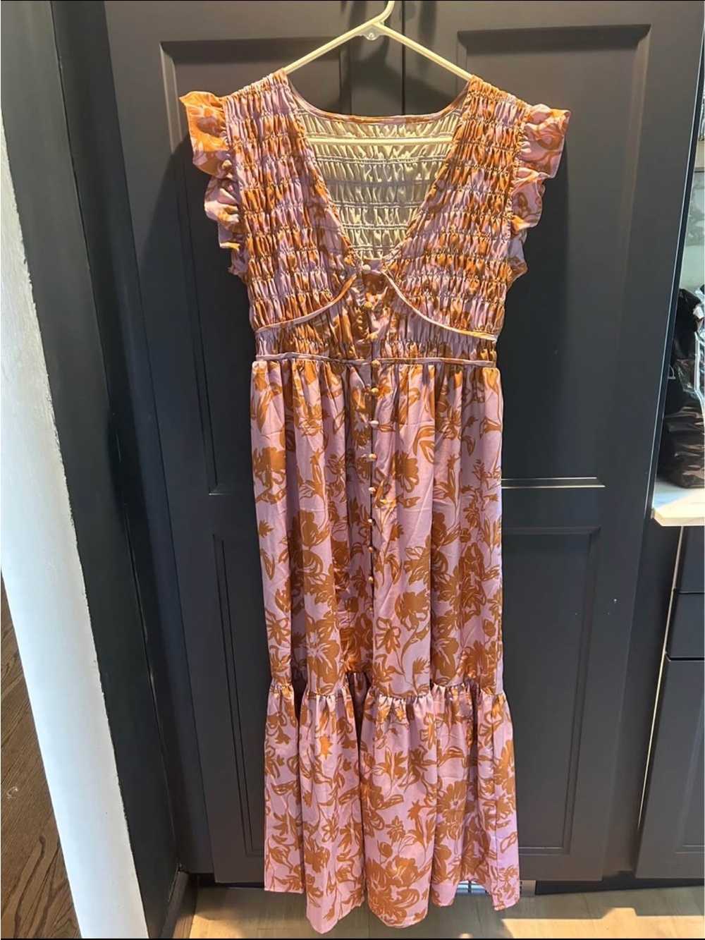 Smocked V-Neck Maxi Dress in Mauve and Rust Floral